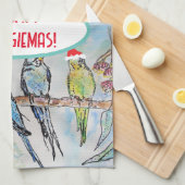 サンタインコのクリスマス水彩画 鳥 キッチンタオル (四つ折り)
