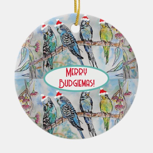 サンタインコのクリスマス水彩画 鳥 セラミックオーナメント (正面)