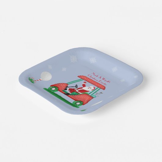 サンタインゴルフカートのクリスマスパーティー パーソナライズされた ペーパープレート (傾斜あり)