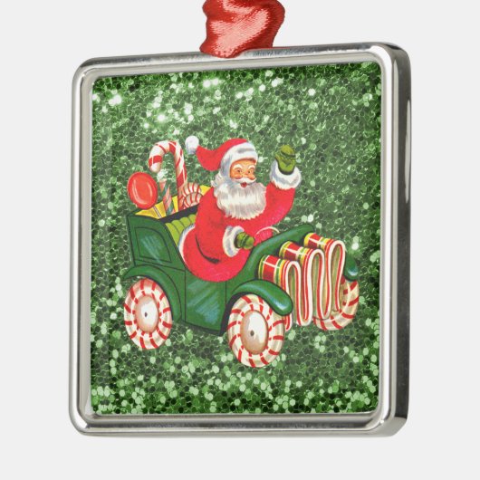 サンタインペパーミントキャンディカーグリーンフェイクグリッター メタルオーナメント (左)