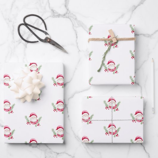 サンタウォーターカラーホリデークリスマスパターンヴィーベ ラッピングペーパーシート (正面)