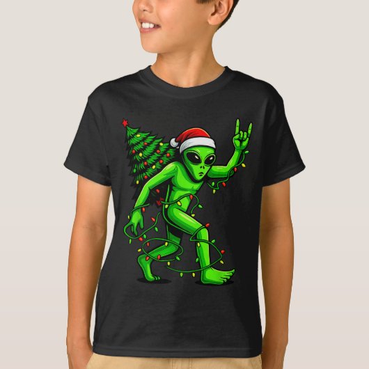 サンタエイリアンクリスマスツリー クリスマスライト ユーモア UFO Tシャツ (正面)