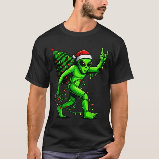 サンタエイリアン クリスマスツリー イルミネーション 面白い UFO Tシャツ (正面)