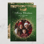 サンタエレガント金ゴールドグリッタークリスマスツリー写真 招待状 (正面/裏面)