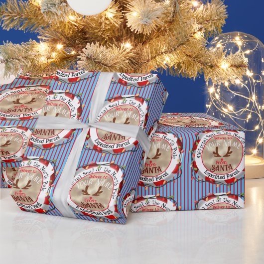 サンタオフィシャルシールルドルフonブルー&レッドストライプズ ラッピングペーパー (クリスマス)