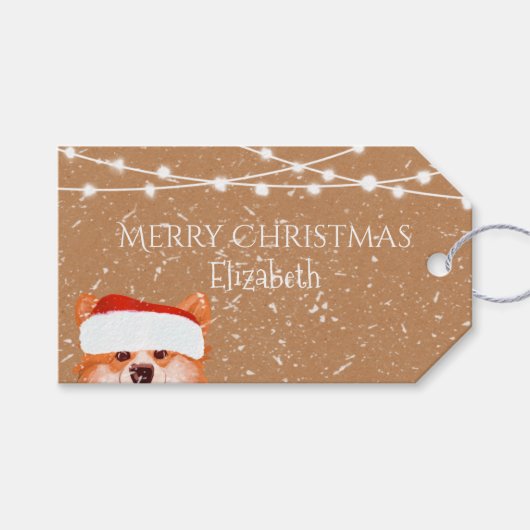 サンタオレンジコーギクラフトテクスチャクリスマス ギフトタグ (正面(横))