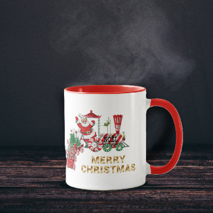 サンタオンクリスマスキャンディレッド列車と文字 マグカップ