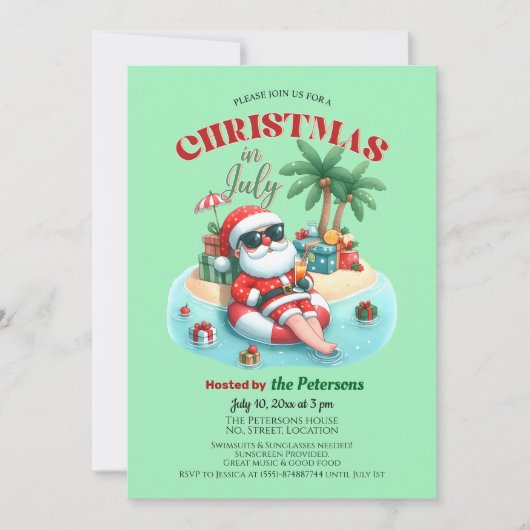 サンタオンザトロピカルアイランドのクリスマス7月のパーティー 招待状 (正面)