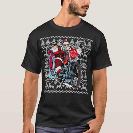 サンタオンバイバイク醜いクリスマスセーターギフト Tシャツ (正面)