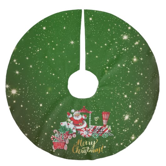 サンタオンメリークリスマストレインレター緑の星 ブラッシュドポリエステルツリースカート (正面)
