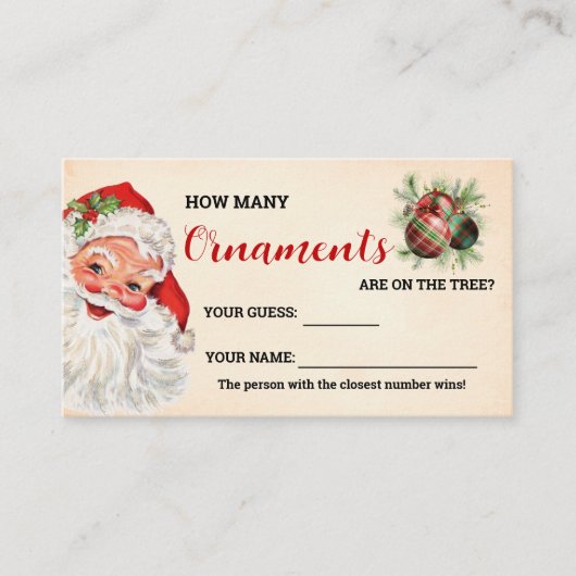 サンタオーナメントのクリスマスゲームカード プレイスカード (正面)