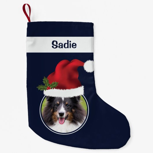 サンタカスタムハットが青い2つの写真テンプレート スモールクリスマスストッキング (正面)