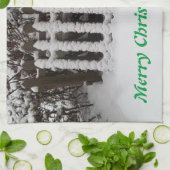 サンタカスタムー付きピケットフェンスの雪 キッチンタオル (折り畳み)