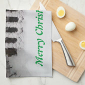 サンタカスタムー付きピケットフェンスの雪 キッチンタオル (四つ折り)