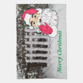 サンタカスタムー付きピケットフェンスの雪 キッチンタオル (縦)