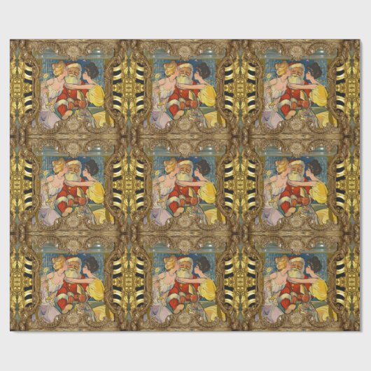 サンタキスをするヴィンテージの古いファッションクリスマス ラッピングペーパー (フラット)