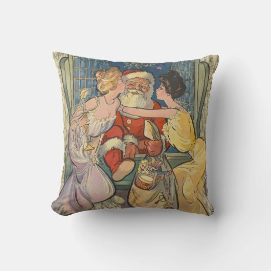 サンタキスをするヴィンテージクリスマスカード クッション (正面)