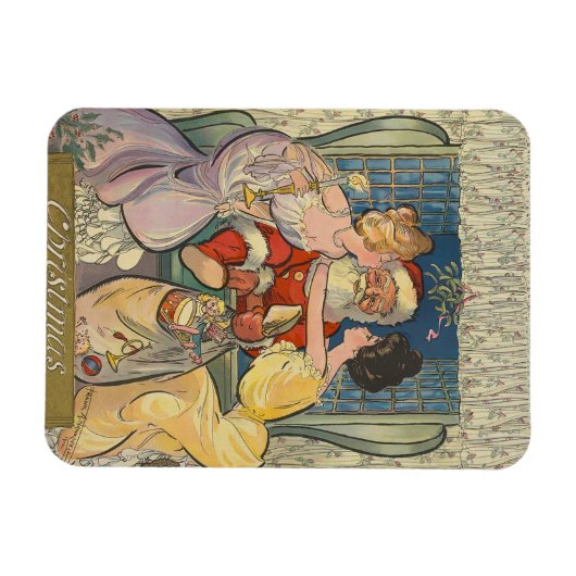 サンタキスをするヴィンテージクリスマスカード マグネット (横)