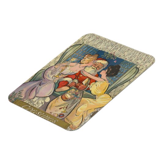 サンタキスをするヴィンテージクリスマスカード マグネット (左側)