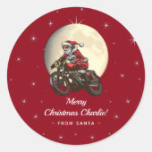 サンタキッおもしろいトのクリスマスプレゼントからのバイクもしくは自転車に乗る人 ラウンドシール (正面)