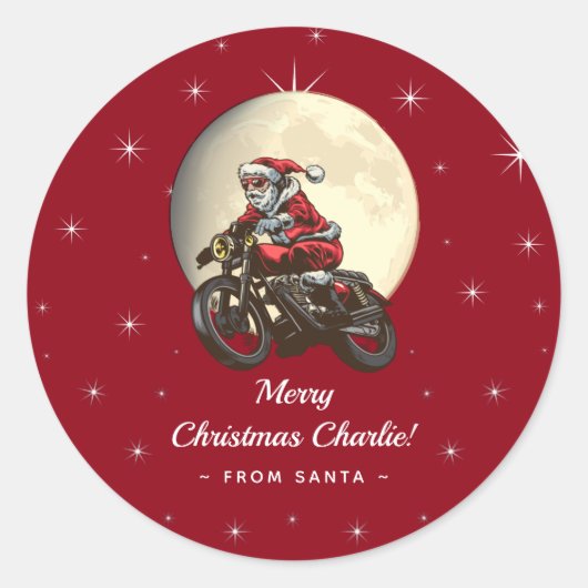 サンタキッおもしろいトのクリスマスプレゼントからのバイクもしくは自転車に乗る人 ラウンドシール (正面)