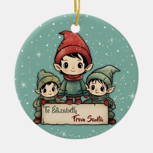 サンタキッズクリスマスパーソナライズされたからの小妖精や小人 セラミックオーナメント (正面)