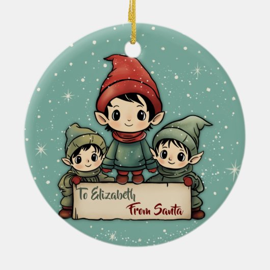 サンタキッズクリスマスパーソナライズされたからの小妖精や小人 セラミックオーナメント (裏面)