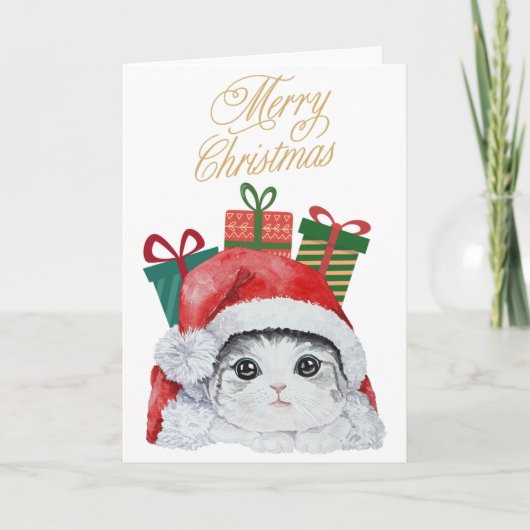 サンタキティーかわいい水彩画のホリデーカード シーズンカード (正面)