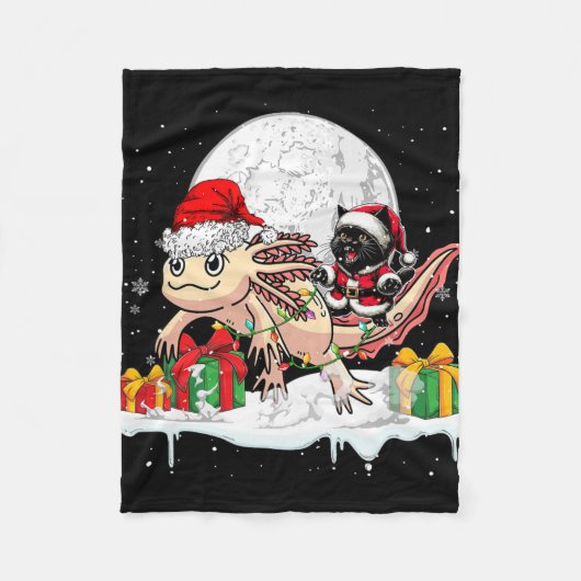 サンタキャットライディングアクソロトルクリスマスオーナーキッズファミー フリースブランケット (正面)