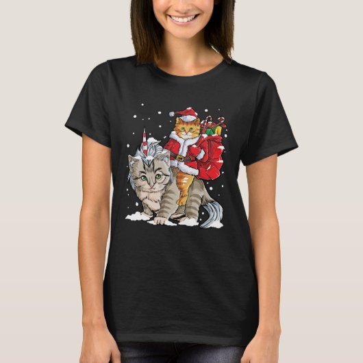 サンタキャットライディングカテコーンクリスマスズマイオウィカタマス Tシャツ (正面)