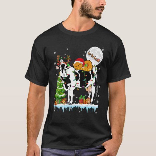 サンタキャットリディングトナカイ牛クリスマスツリーファーム Tシャツ (正面)