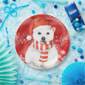 サンタキャップのシロクマ-白い雪片 ペーパープレート (パーティー)