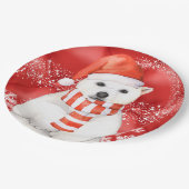 サンタキャップのシロクマ-白い雪片 ペーパープレート (アングル)