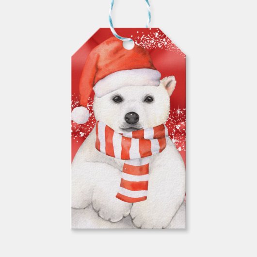 サンタキャップのホッキョクグマ – 雪の白 ギフトタグ (正面)