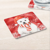 サンタキャップのホッキョクグマ – 雪の白 スクエアペーパーコースター (アングル)