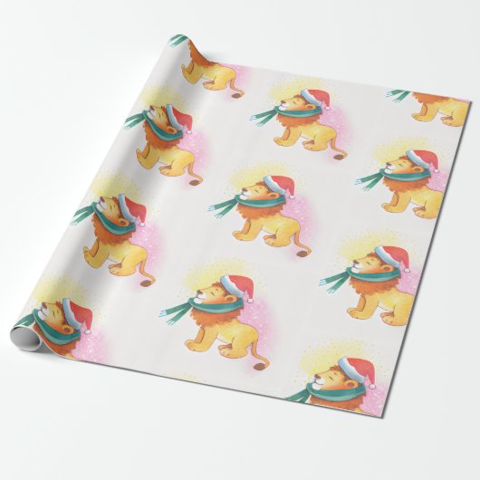 サンタキャップ付きクリスマスサファリ動物ライオン ラッピングペーパー (アンロールド)