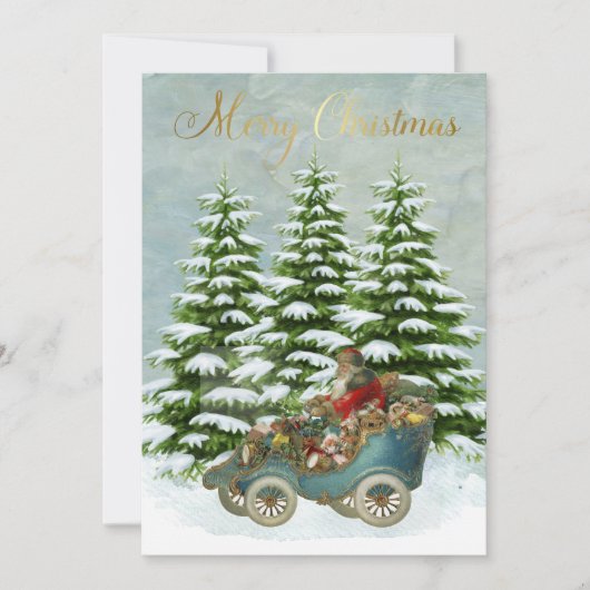サンタギフトの車の雪の木のヴィンテージフラット シーズンカード (正面)
