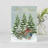 サンタギフトの車の雪の木のヴィンテージフラット シーズンカード (スタンド正面)