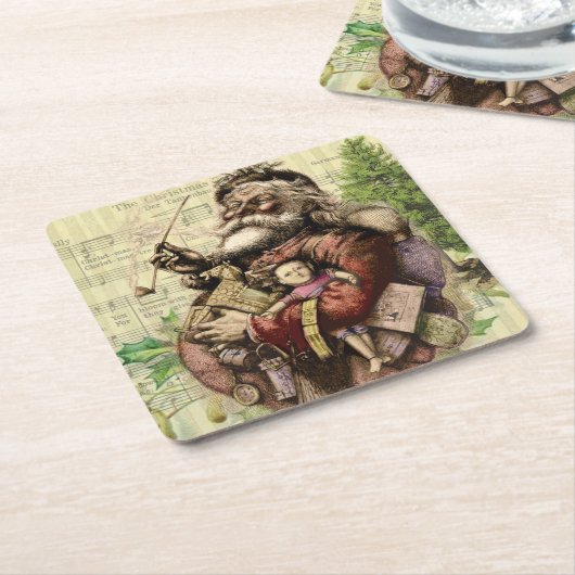 サンタクメリーロースツリークラシックイラストレーション スクエアペーパーコースター (アングル)