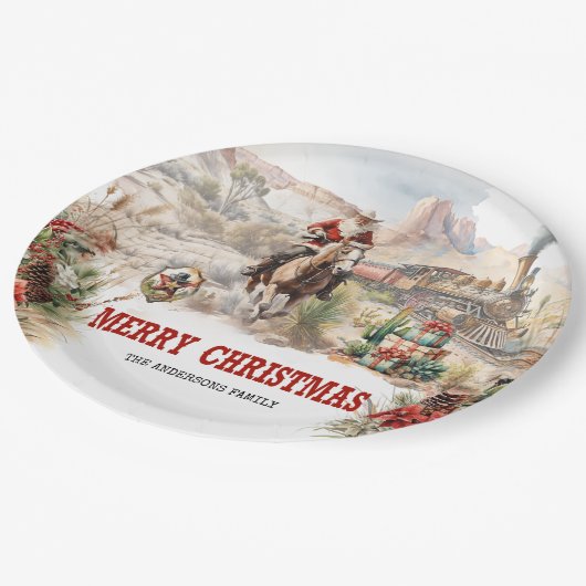 サンタクラシックカウボーイレッドトレイン付きウェスタンスタイル ペーパープレート (アングル)