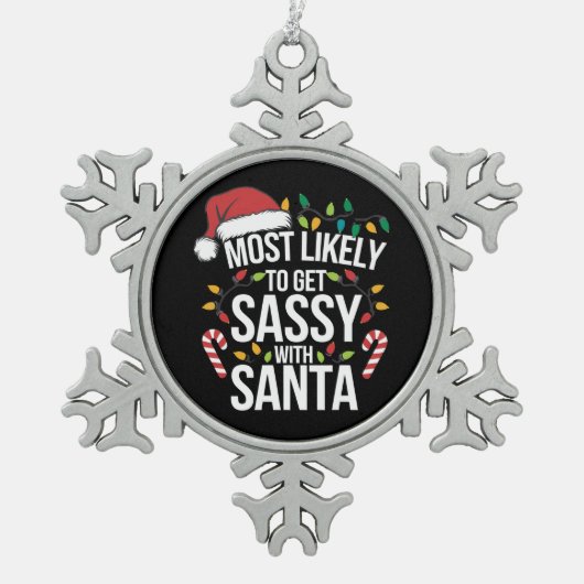 サンタクリスマスのクリスマスに酔いしれる スノーフレークピューターオーナメント (正面)