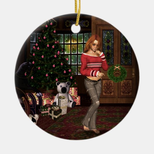 サンタクリスマスオーナメントを待っている セラミックオーナメント (正面)