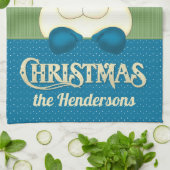 サンタクリスマスブルーとグリーン調理師 キッチンタオル (折り畳み)