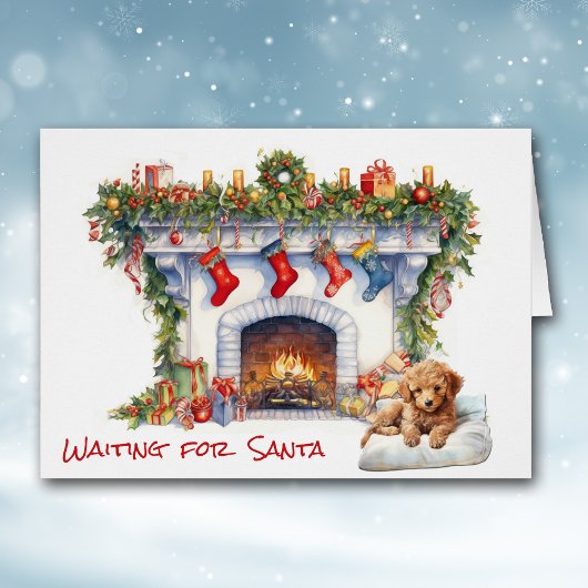 サンタクリスマス暖炉でプードル子犬が待っている