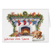 サンタクリスマス暖炉でプードル子犬が待っている (正面横)