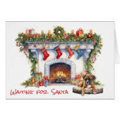 サンタクリスマス暖炉でボクサーの子犬が待つ (正面横)