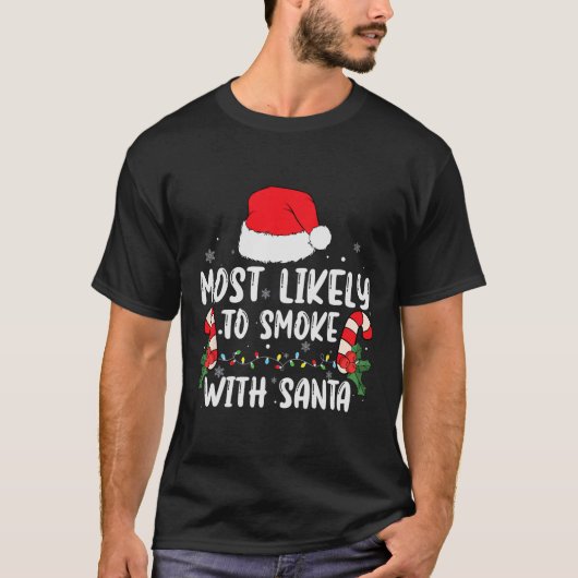 サンタクリスマス灯で喫煙する可能性が高おもしろい Tシャツ (正面)