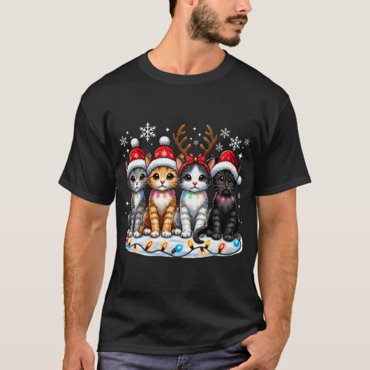サンタクリスマス猫好きキャットクリスマスライト Tシャツ (正面)