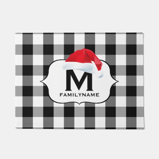 サンタクリスマス白黒バッファローチェックモノグラム ドアマット (正面)