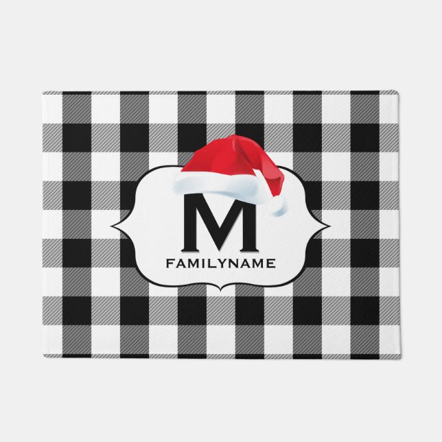 サンタクリスマス白黒バッファローチェックモノグラム ドアマット (正面)